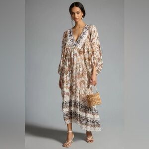 Anthropologie Bohemian Floral Maxi Dress - Cream and Brown
